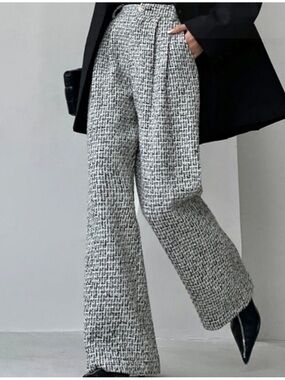Commense Black & White High Waisted Tweed Wide Leg Pleated Trouser Pants M